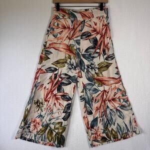 C&C California 100% Linen Floral Wide Leg High Waist Pull On Pants Sz XS Boho